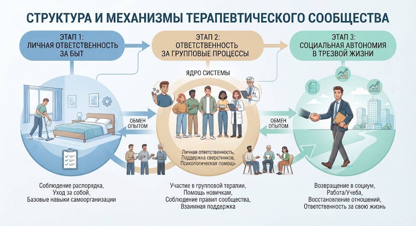 Инфографика: как терапевтическое сообщество помогает пройти путь от личной ответственности до социальной автономии